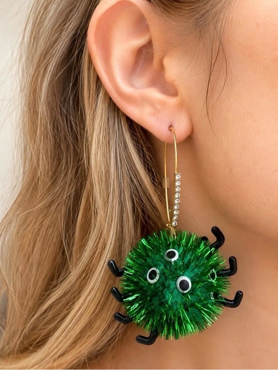 Betsey Johnson Jewelry - New Betsey Johnson Green Pom-Pom Spider Drop Earrings with Gold Crystal Hooks